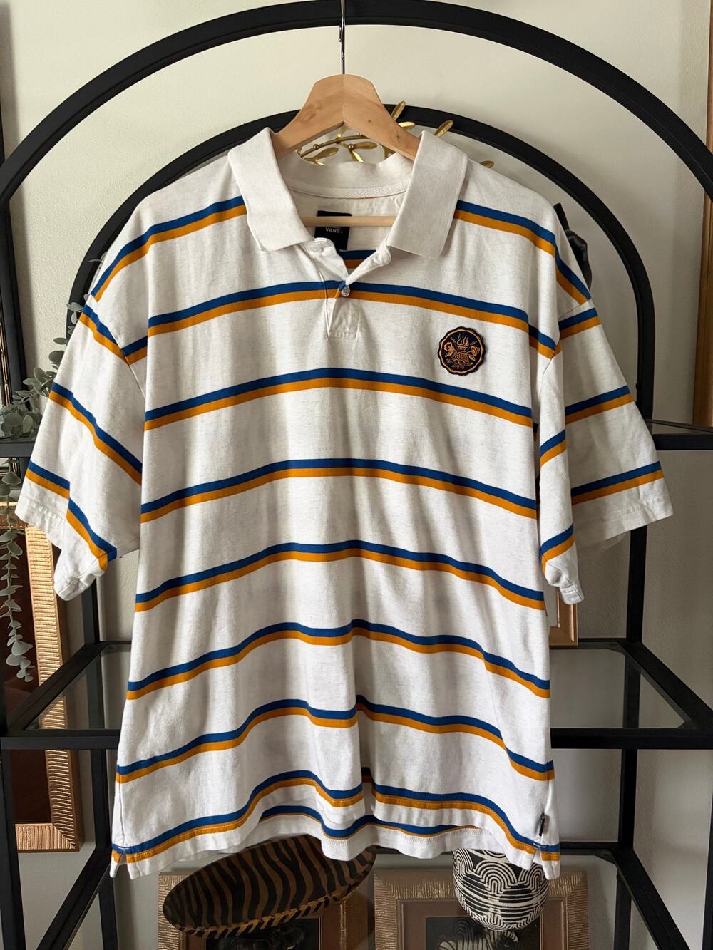 Vans Crest Patch Striped Polo Shirt Mens Large Loose Fit White Blue Yellow L